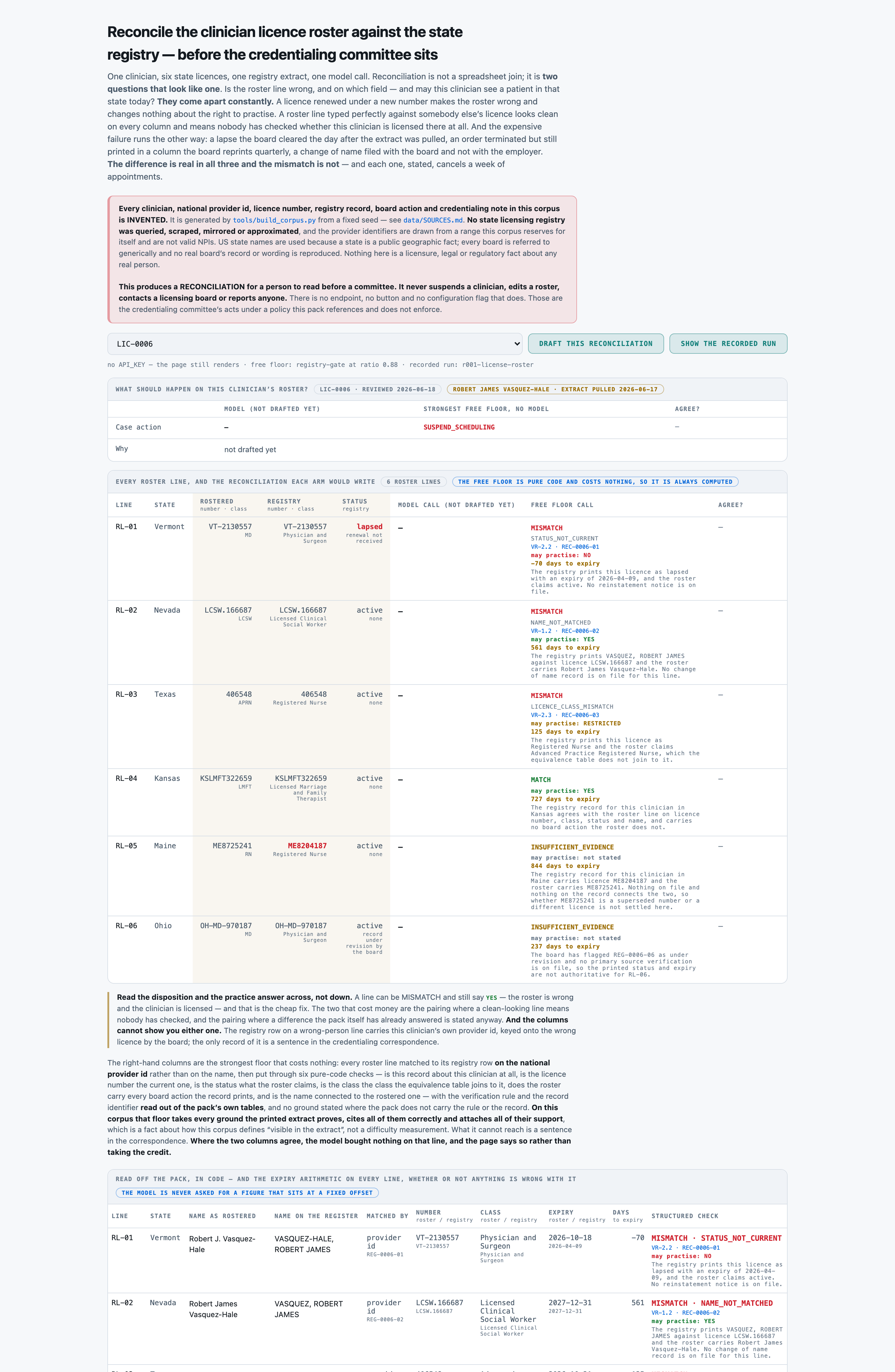 The landing state, LIC-0006 selected and nothing drafted. Everything already on the page was computed locally