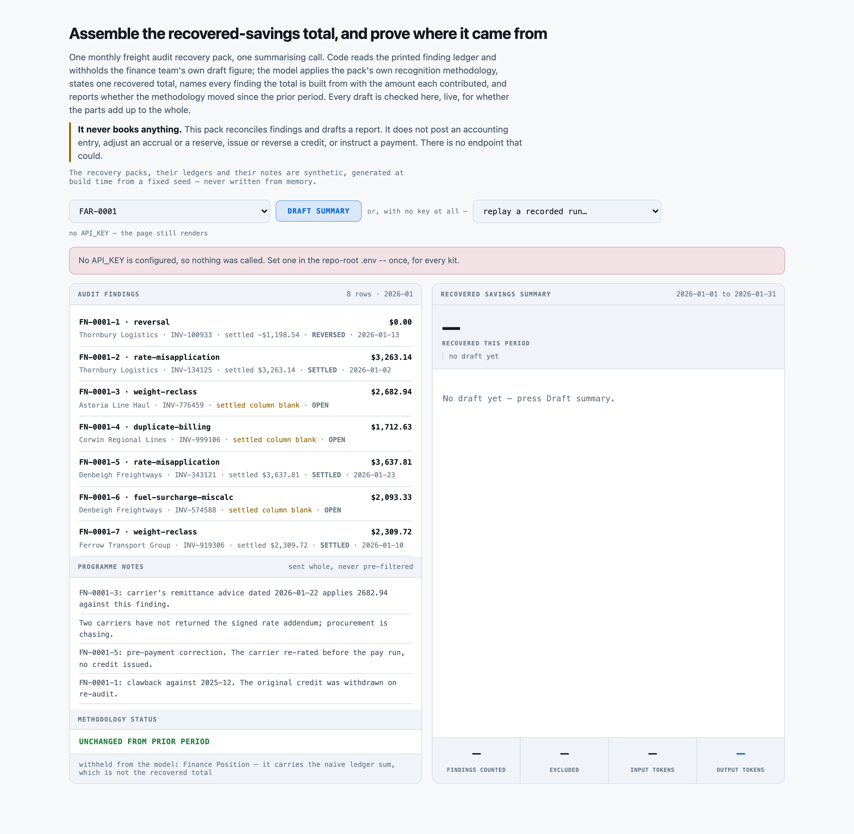 Draft summary pressed with no API_KEY configured. A calm 200 saying nothing was called and where to set a key
