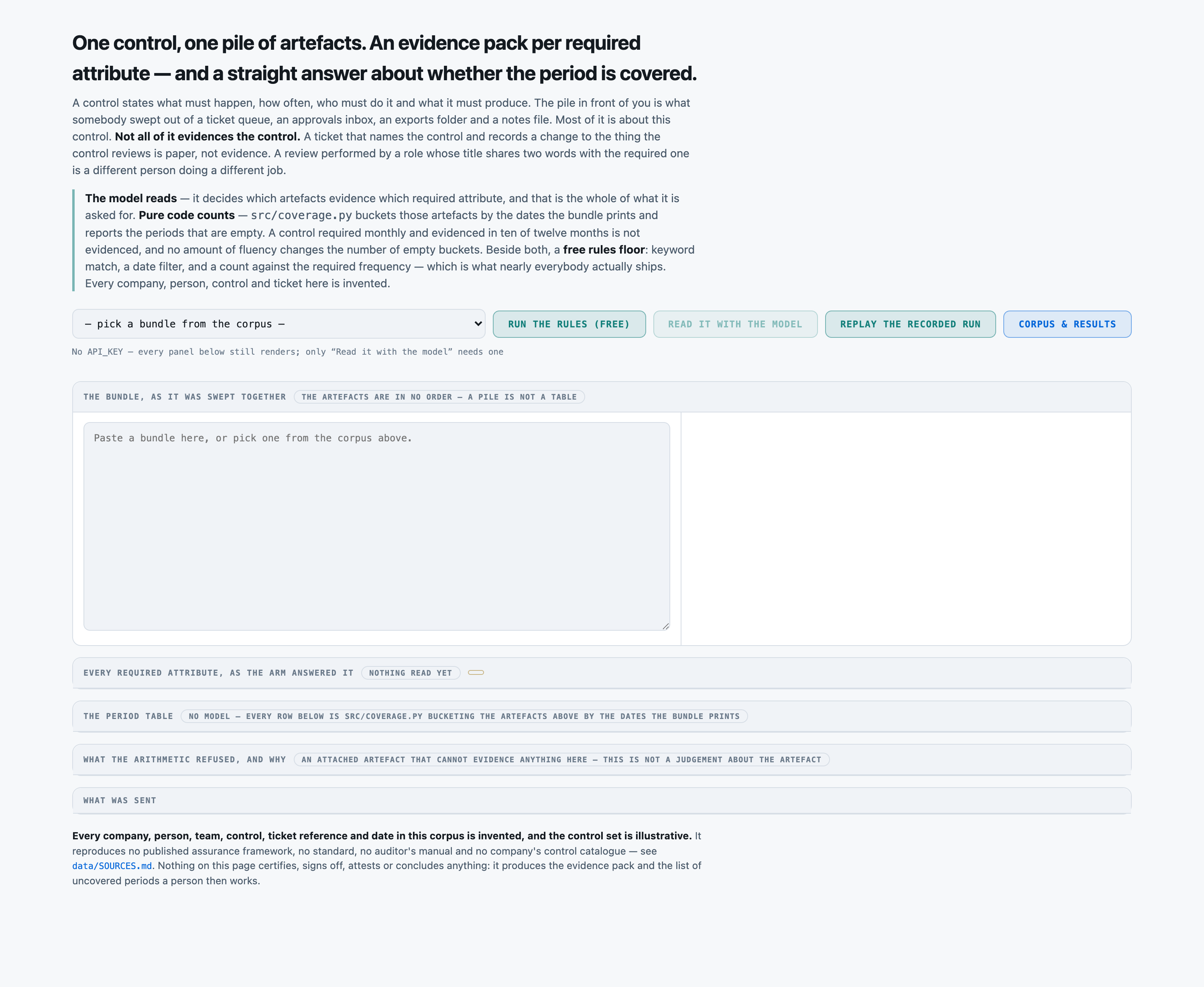 The board on load with no API_KEY set: "Read it with the model" is disabled and the page says why, while the r