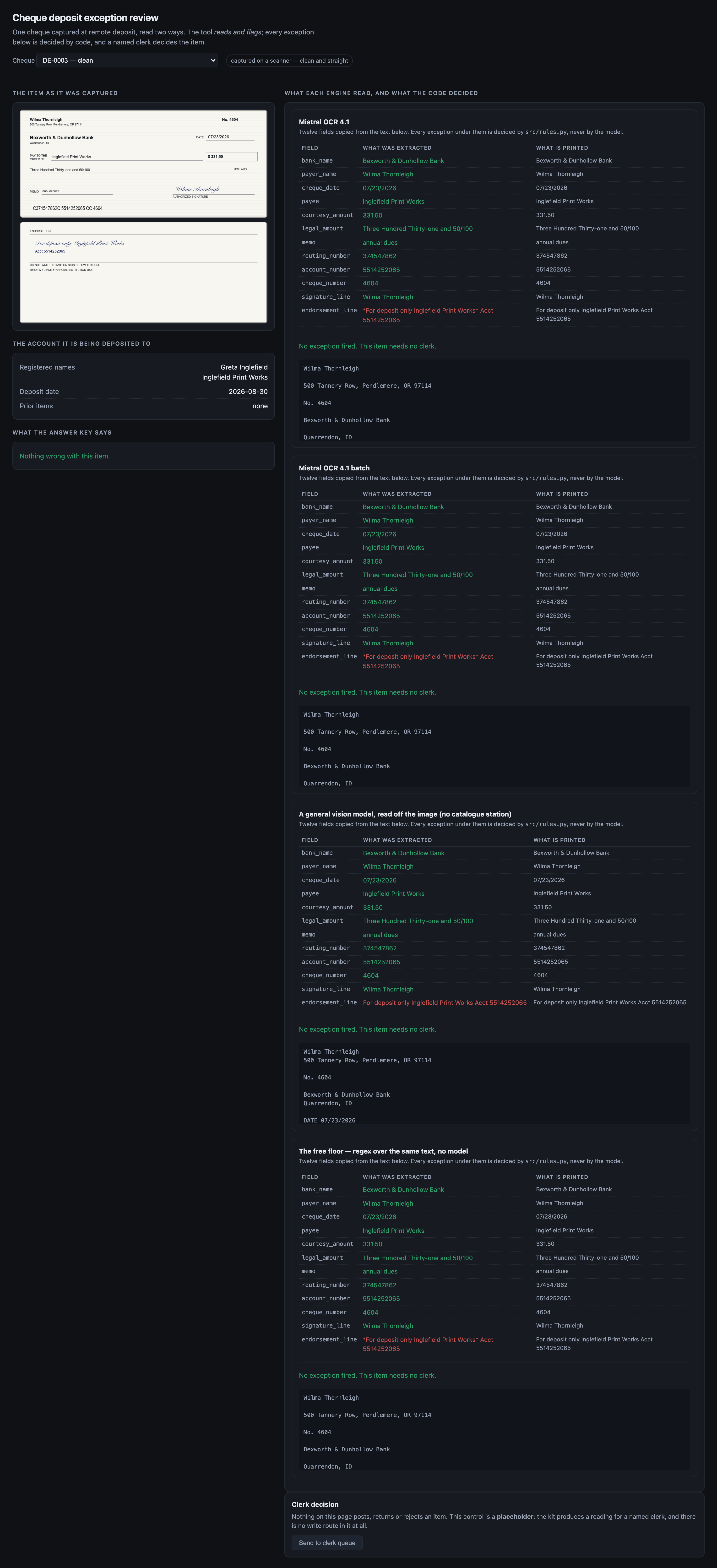 A clean scanner capture. Every one of the twelve fields is read exactly and no exception fires, so the item ne