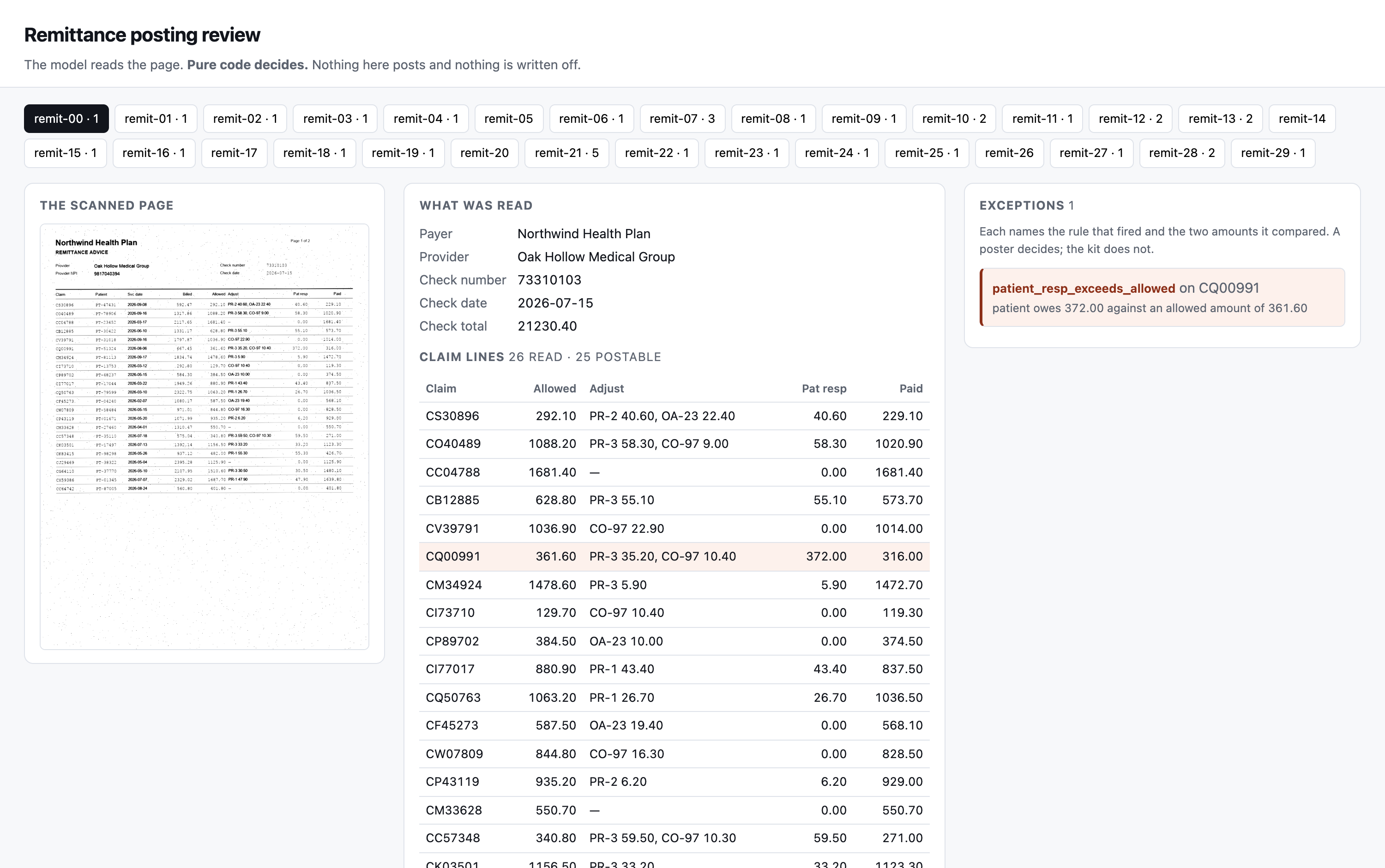 A remittance the poster cannot post as read. The flagged line is highlighted in the table and the exception be