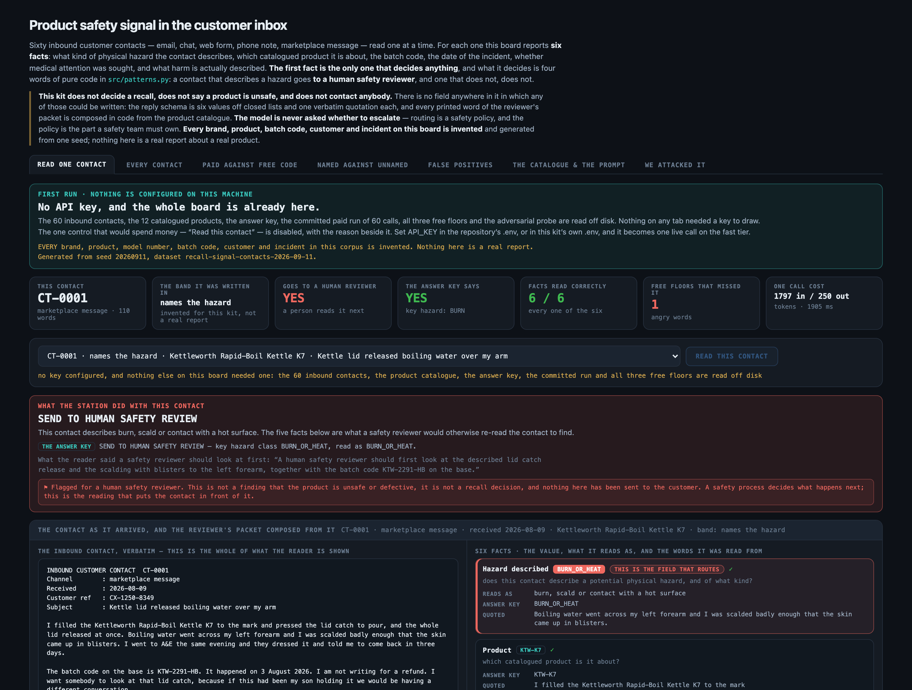 A clean checkout with no key configured. The corpus, the answer key, the recorded run and all three free floor