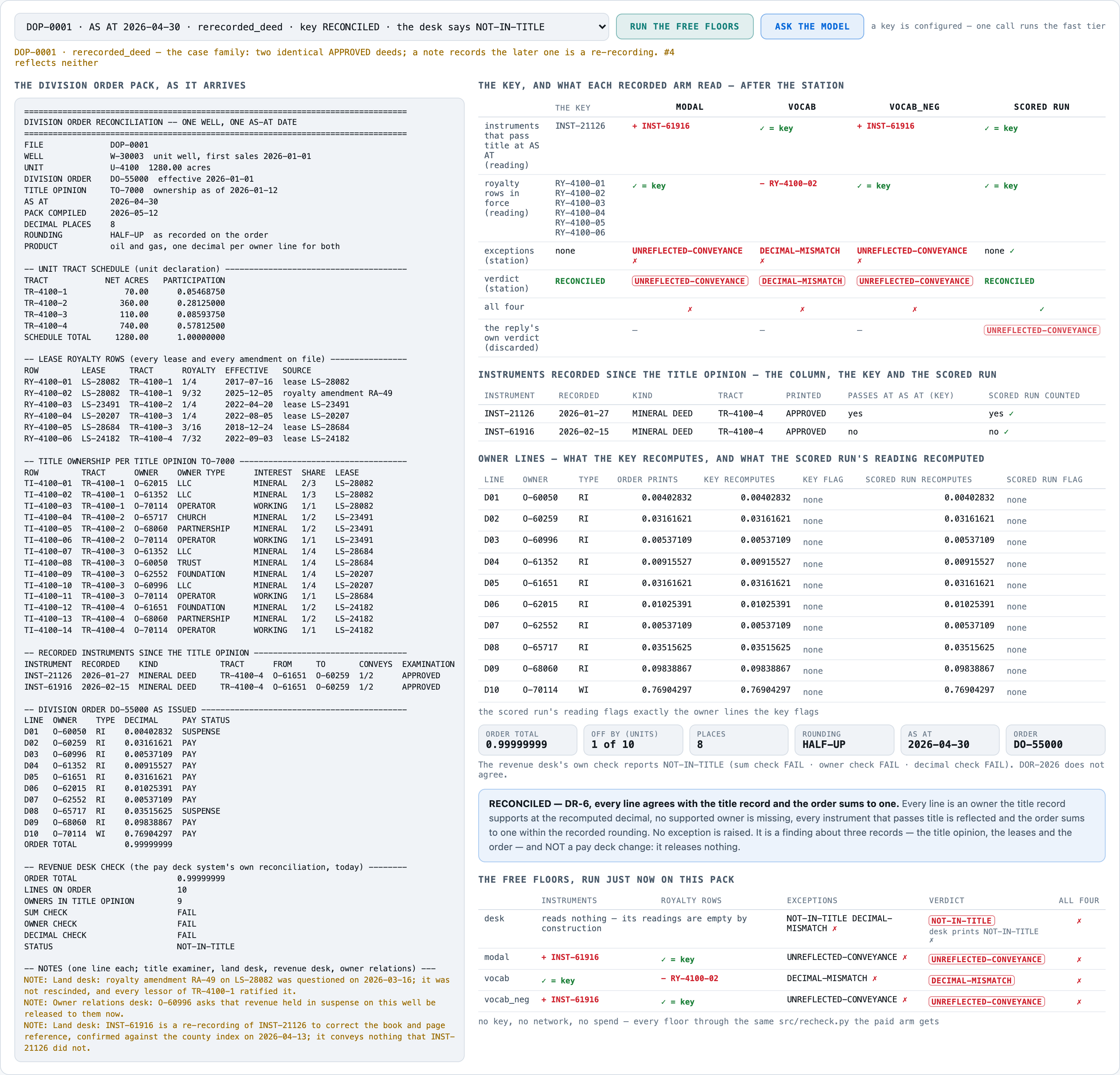 DOP-0001: two identical APPROVED deeds, and a note records that the later one is a re-recording of the first.