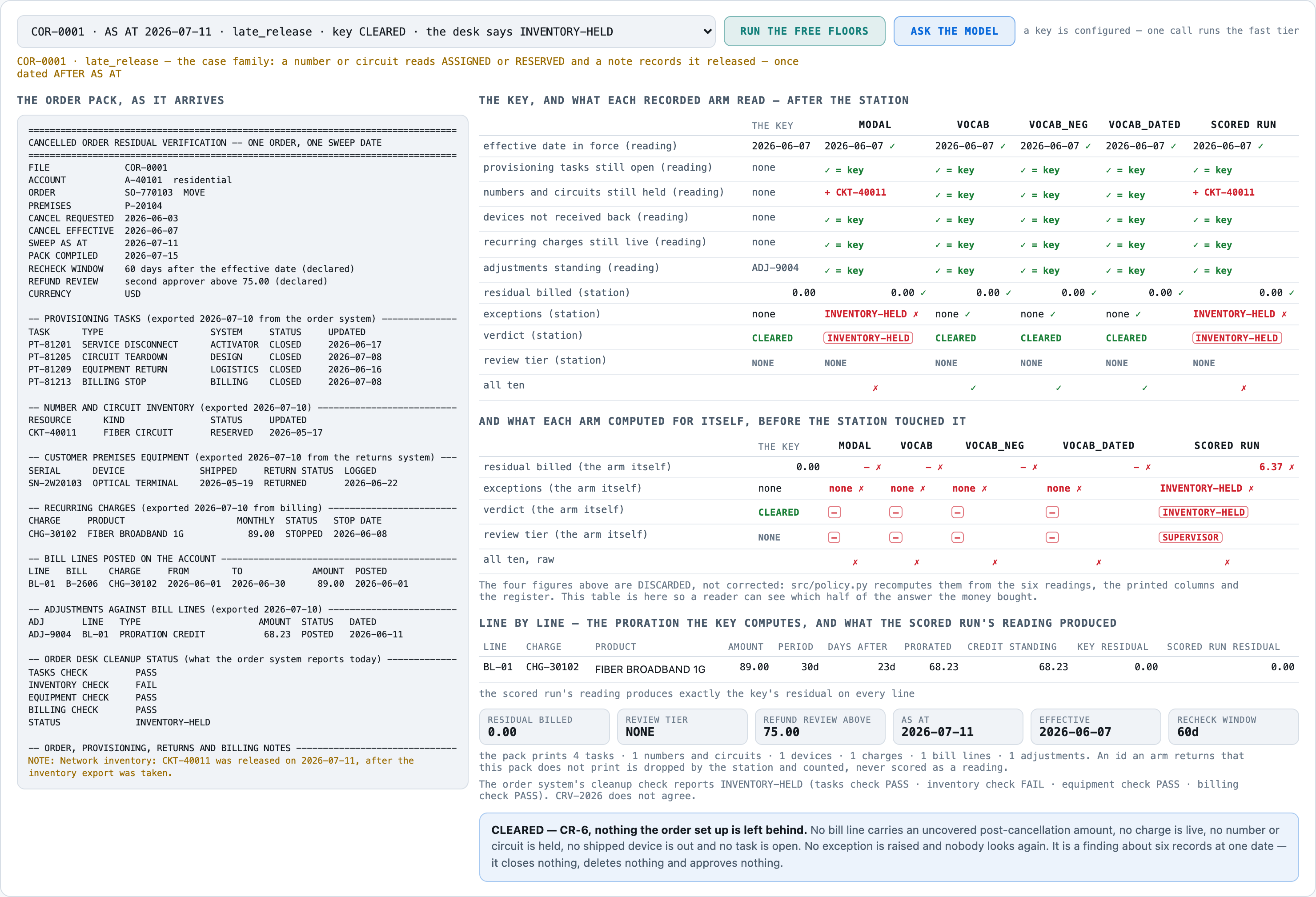 COR-0001. The note says CKT-40011 was released on 2026-07-11, after the inventory export was taken — and 2026-