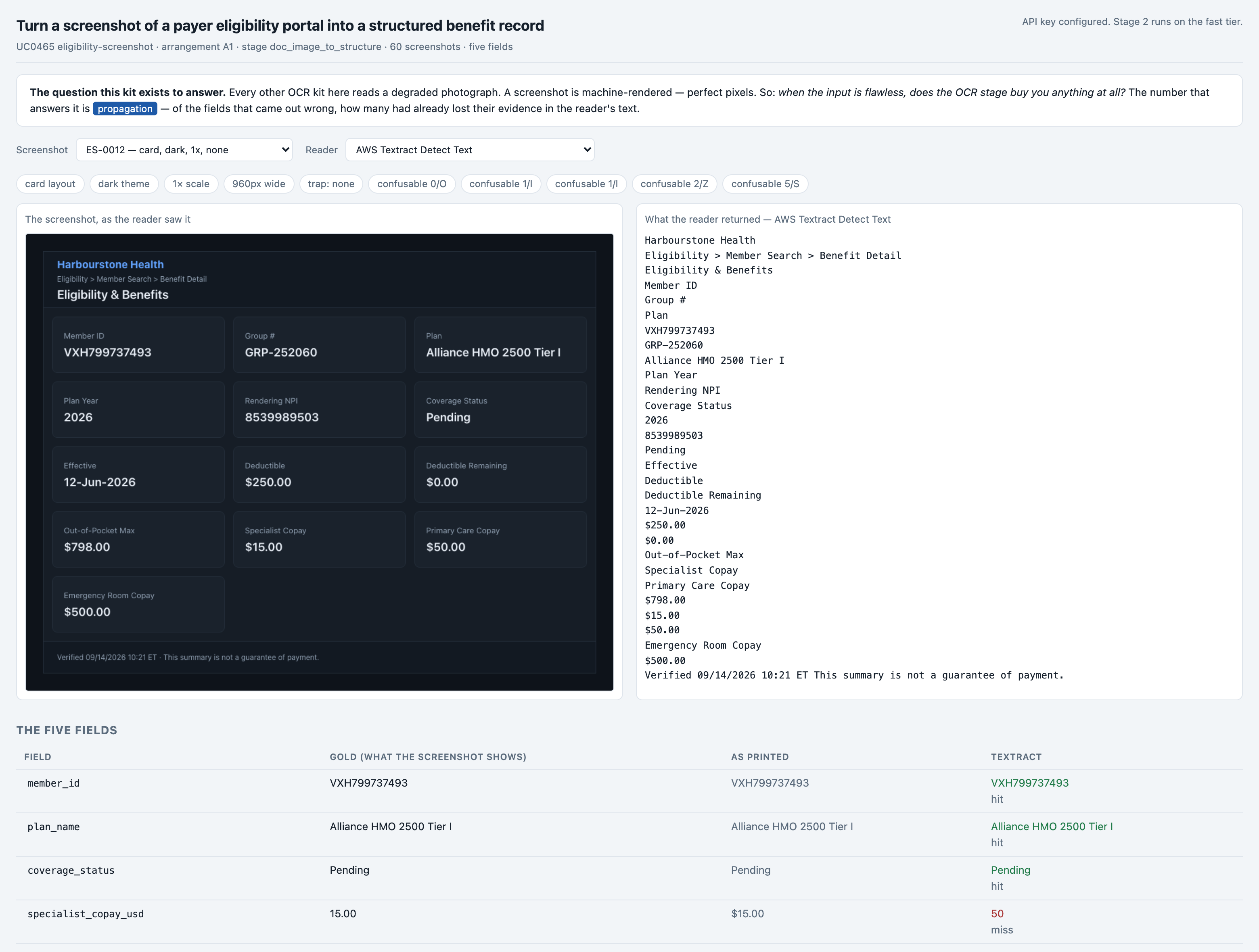 The finding, in one frame. ES-0012 read by AWS Textract Detect Text: the text panel shows 'Out-of-Pocket Max /